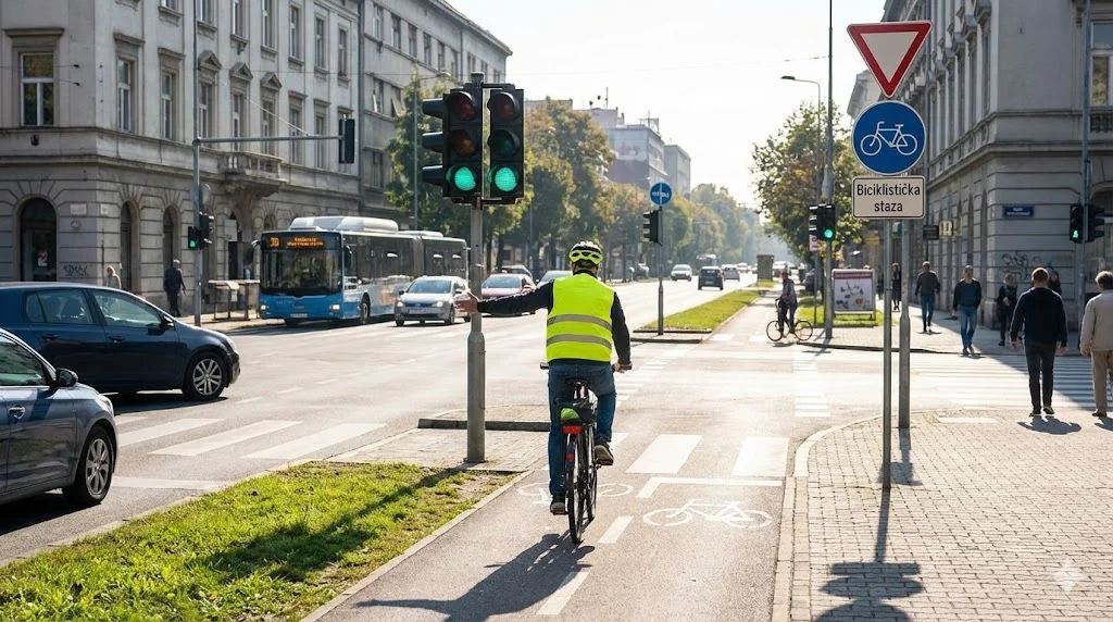 Siguran bicikl u saobracaju sa kacigom i svjetlima