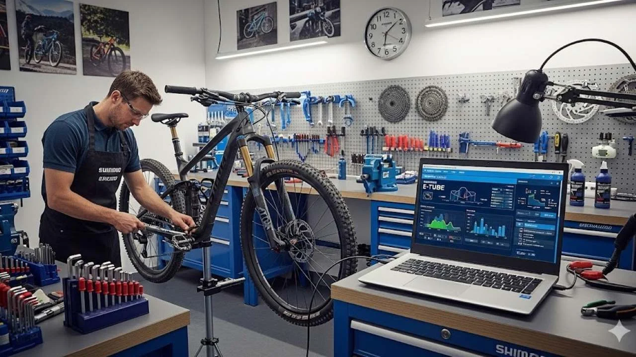 Majstor radi Shimano Di2 servis i dijagnostiku sa E-TUBE PROJECT interfejsom