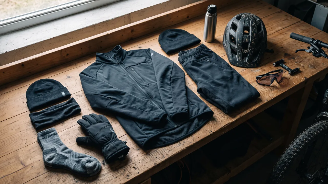 MTB odjeća za hladno vrijeme: kaciga, zimske rukavice, softshell jakna, termo pantalone i merino čarape