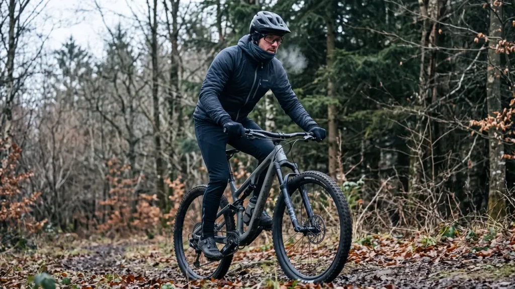 MTB odjeća za hladno vrijeme: vozač u softshell jakni i rukavicama na jesenjoj stazi kroz šumu