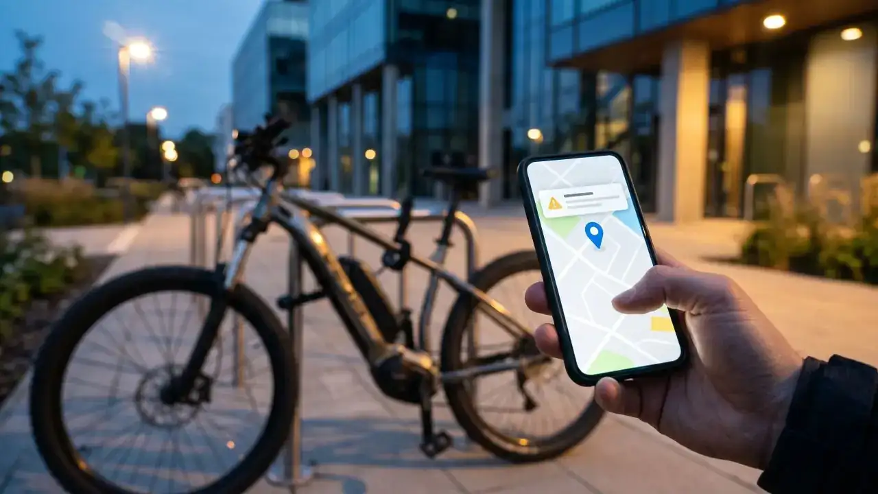 GPS bike tracker on an e-bike: location and alarm shown in the phone app