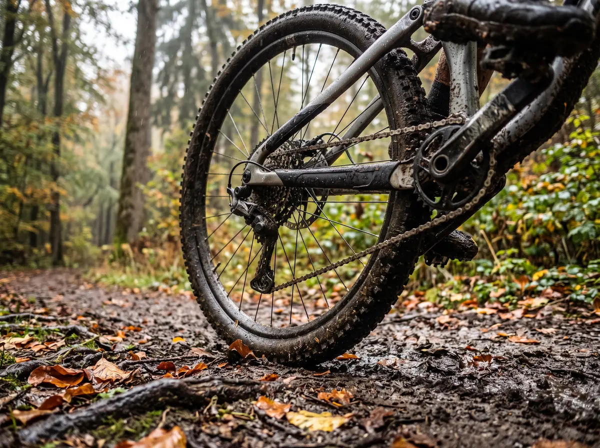 Vožnja po kiši: zadnji točak, kaseta i lanac MTB bicikla prekriveni blatom na jesenjoj šumskoj stazi