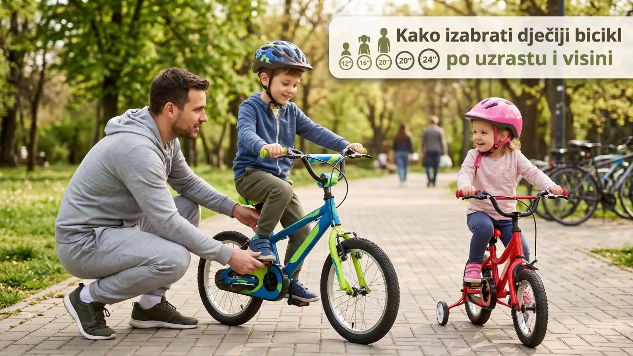 Kako izabrati dječiji bicikl po uzrastu i visini: otac provjerava veličinu bicikla djetetu u parku