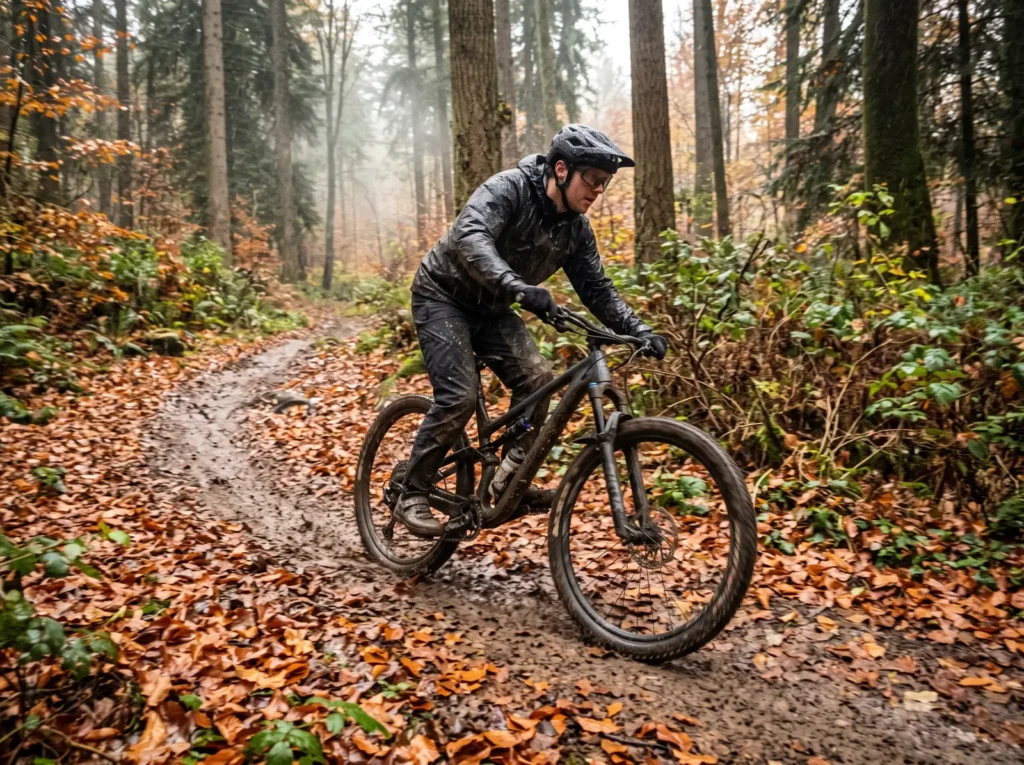 Vožnja po kiši: biciklista u kišnoj opremi vozi MTB po blatnjavoj stazi prekrivenoj jesenjim lišćem