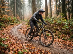Vožnja po kiši: biciklista u kišnoj opremi vozi MTB po blatnjavoj stazi prekrivenoj jesenjim lišćem